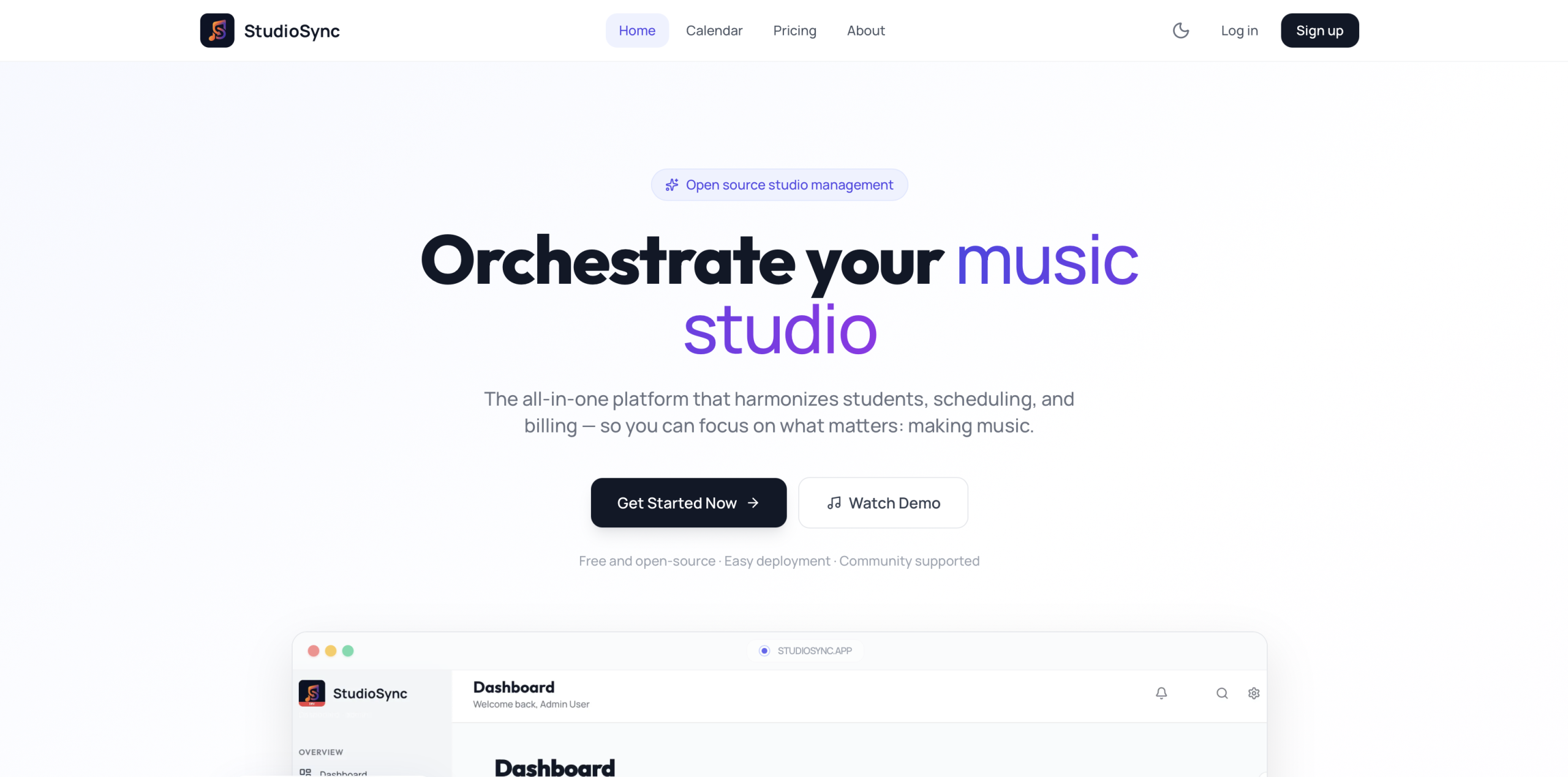 Screenshot of landing page