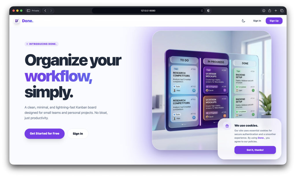 Screenshot of homepage of done.fddl.dev