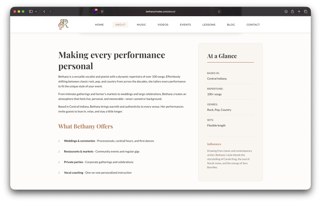 Screenshot of the About page on bethanyrhodes.com